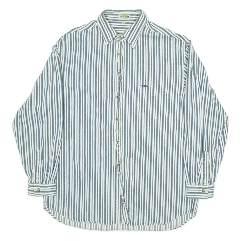 GUESS JEANS Mens Shirt White Striped Long Sleeve L