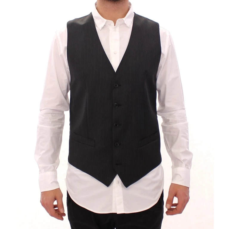 Dolce & Gabbana Gray Striped Wool Single Breasted Vest Black Viscose Clothing - Men