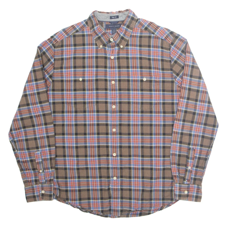TOMMY HILFIGER Slim Fit Mens Shirt Brown Check Long Sleeve L