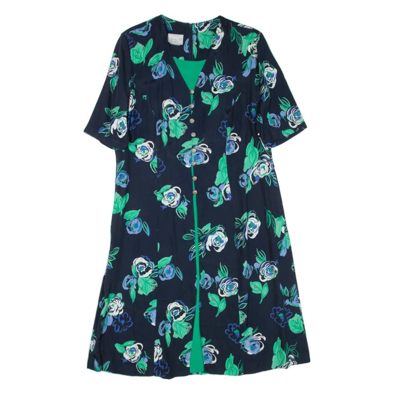 LADY G Womens Day Dress Black Floral Short Sleeve Knee Length L