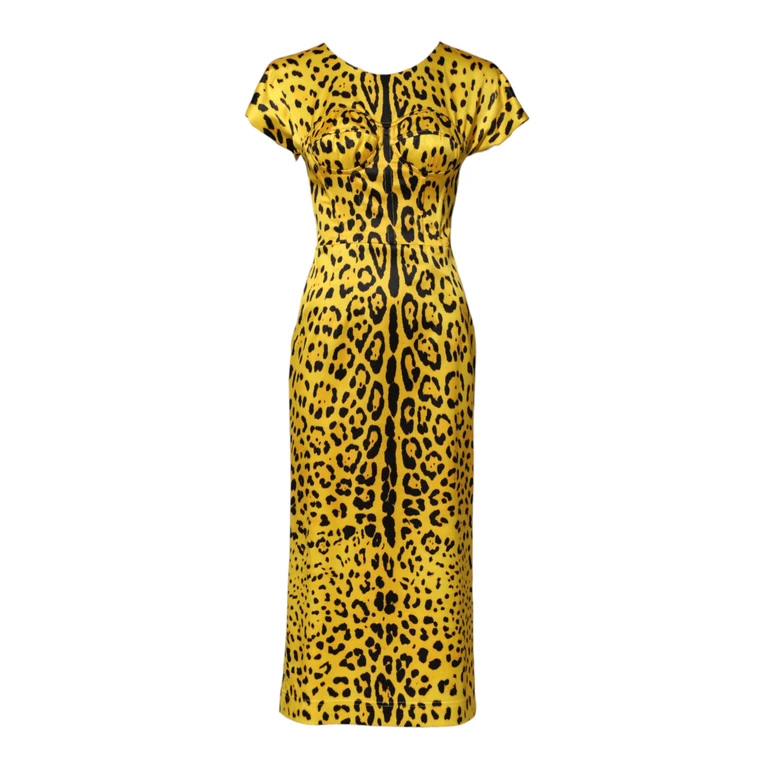 Dolce & Gabbana Yellow Polyester Leopard Midi Sheath Dress And Elastane - Women