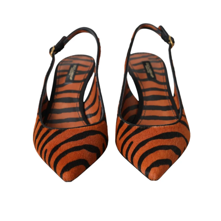 Dolce & Gabbana Black Orange Zebra Leather Slingbacks Shoes Pony Hair - Women