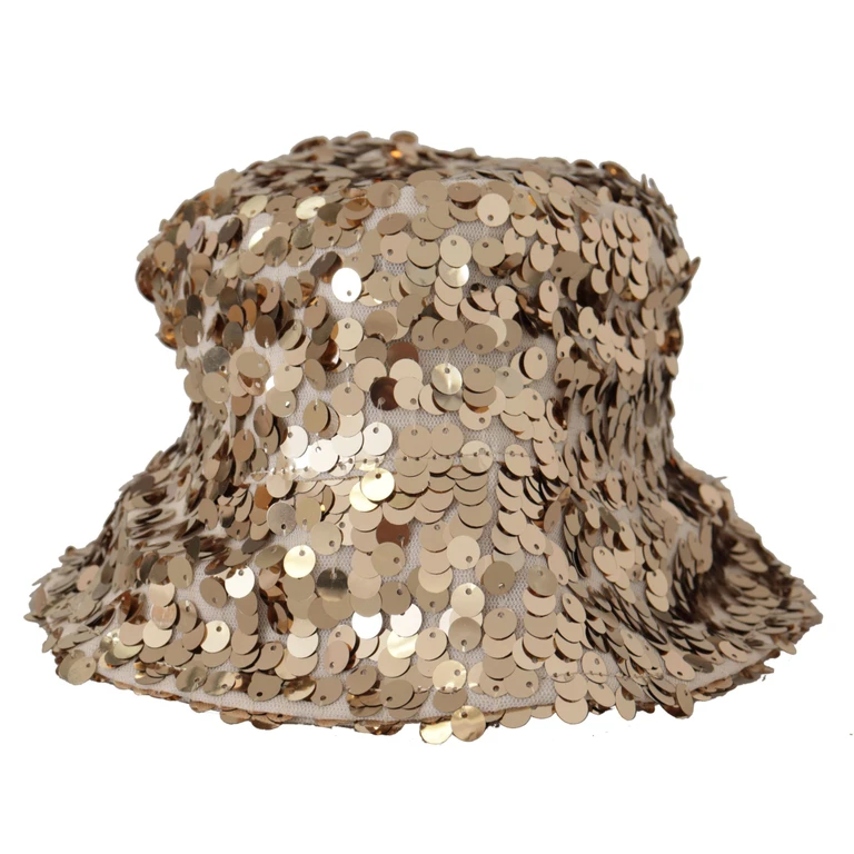 Gold Silk Sequin Embellished Designer Brim Bucket Hat Polyester - Women