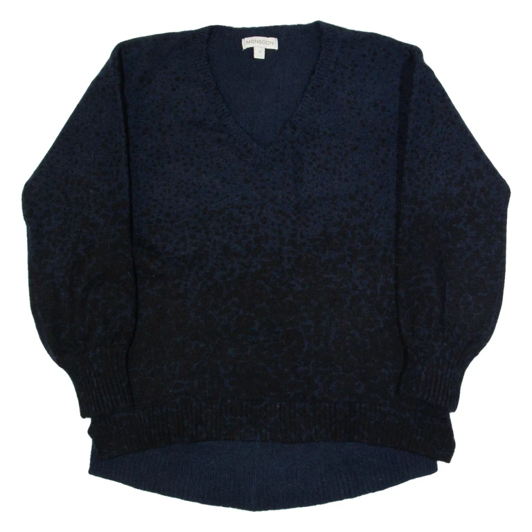 MONSOON Womens Patterned Jumper Blue V-Neck Tight Knit S