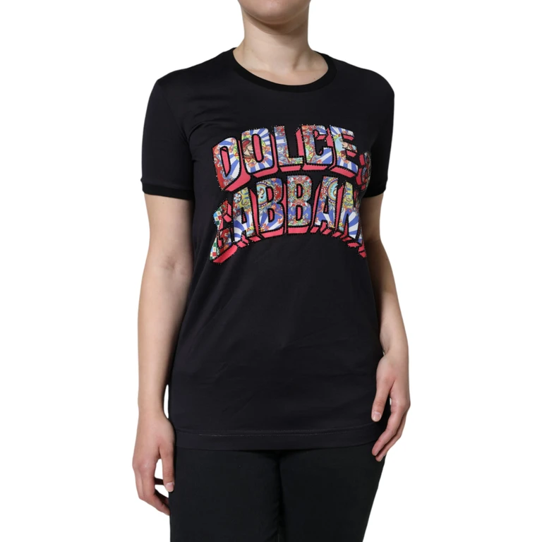 Dolce & Gabbana Black Cotton Logo Print Round Neck T-Shirt - Women