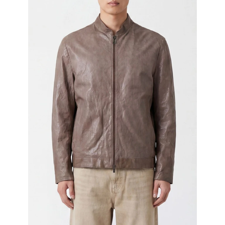 Sheepskin Leather Jacket with Zip Closure and Slit Pockets (50698SAND)