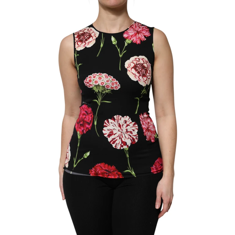 Dolce & Gabbana Black Floral Print Sleeveless Tank Blouse Top Silk Elastane - Women