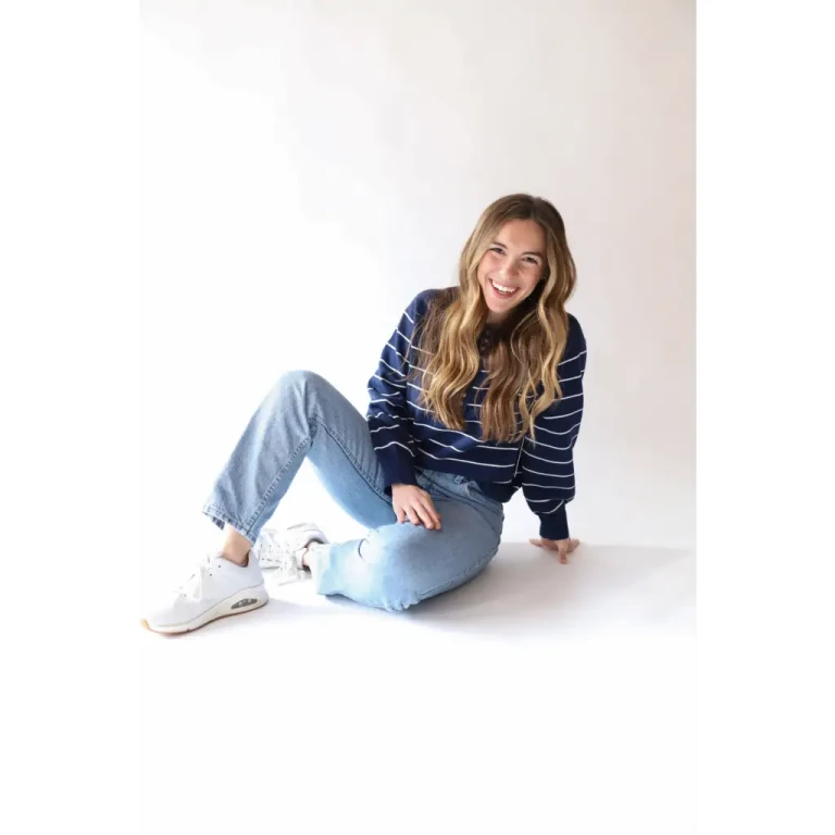 Ellen Henley Sweater in Navy with White Stripes