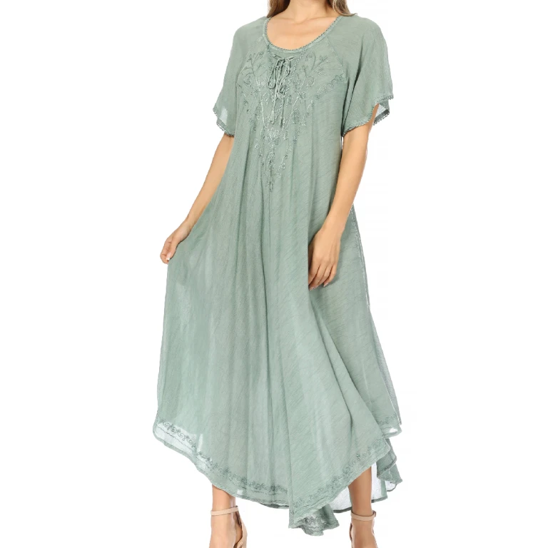 Sakkas Lilia Embroidered Lace Up Bodice Relaxed Fit Maxi Sun Dress