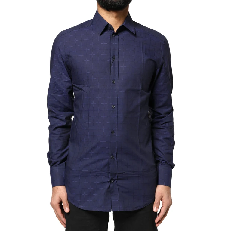 Blue Check Tartan Gold Formal Dress Shirt Cotton - Men