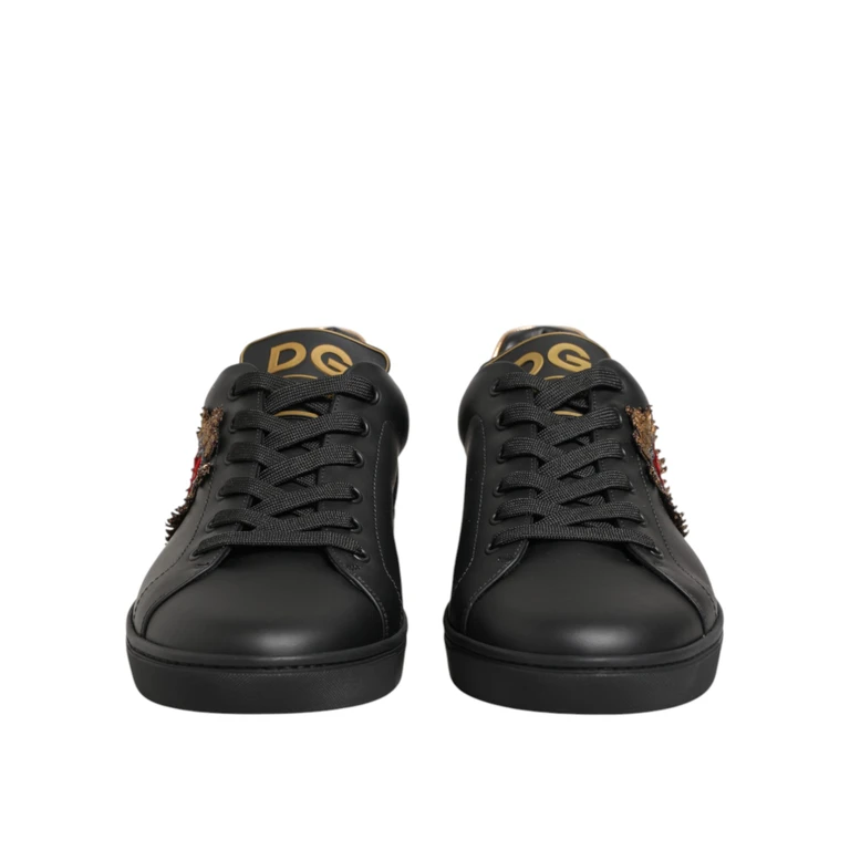 Dolce & Gabbana Black Leather Heart Embellished Sneakers Shoes 100lf - Men
