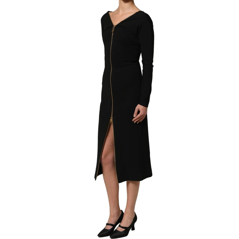 Dolce & Gabbana Black Long Sleeves Front Zipper Midi Dress Viscose Nylon Elastane - Women