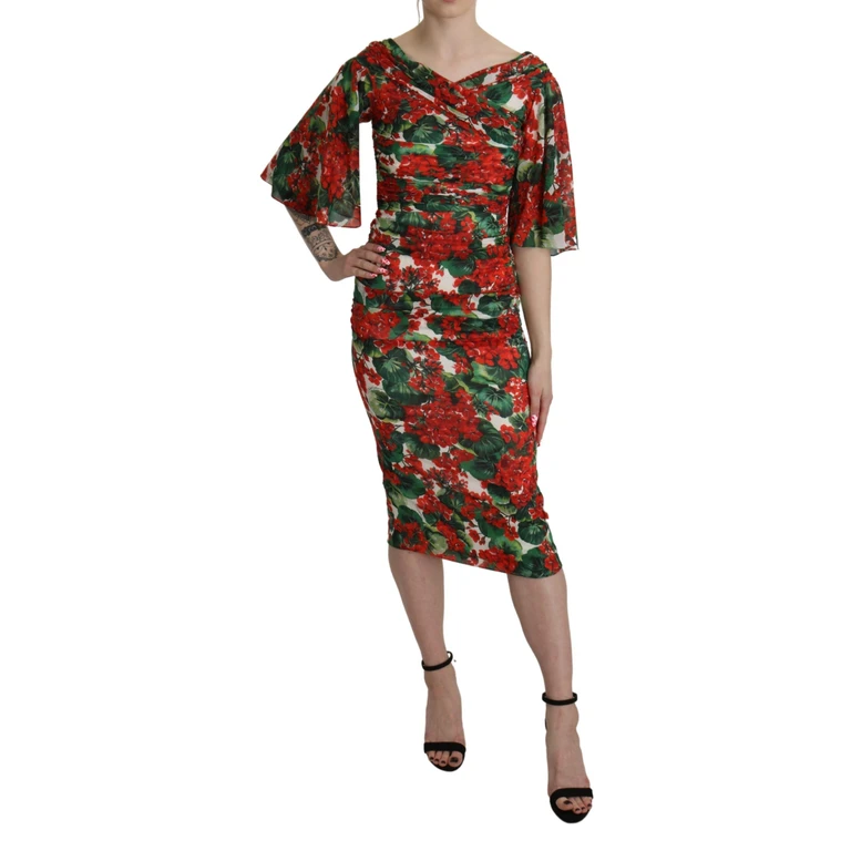 Red Floral Sheath Midi Silk Stretch Dress Elastane - Women