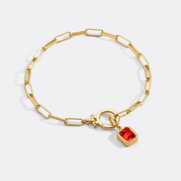 Baguette Birthstone Charm on Mint Paperclip Bracelet
