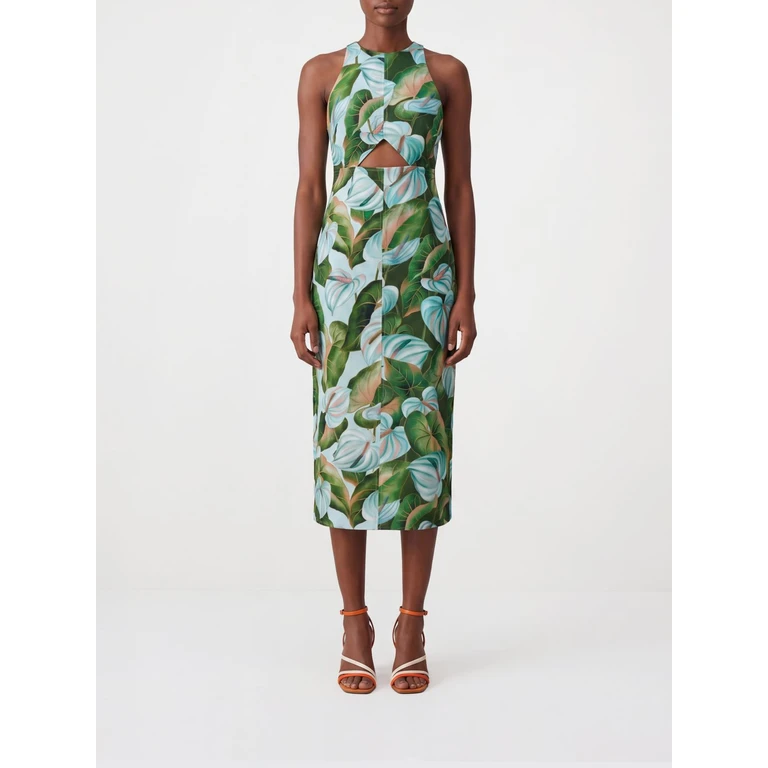 Anthurium Leaves Floral Print Midi Dress in Linen Blend with Cut-Outs (34778126005)