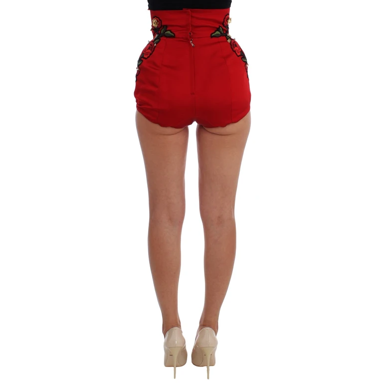 Dolce & Gabbana Red Silk Crystal Roses Shorts - Women