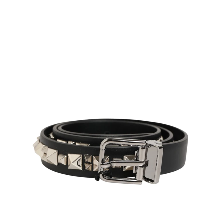 Black Leather Studded Silver-Tone Buckle Belt - Men