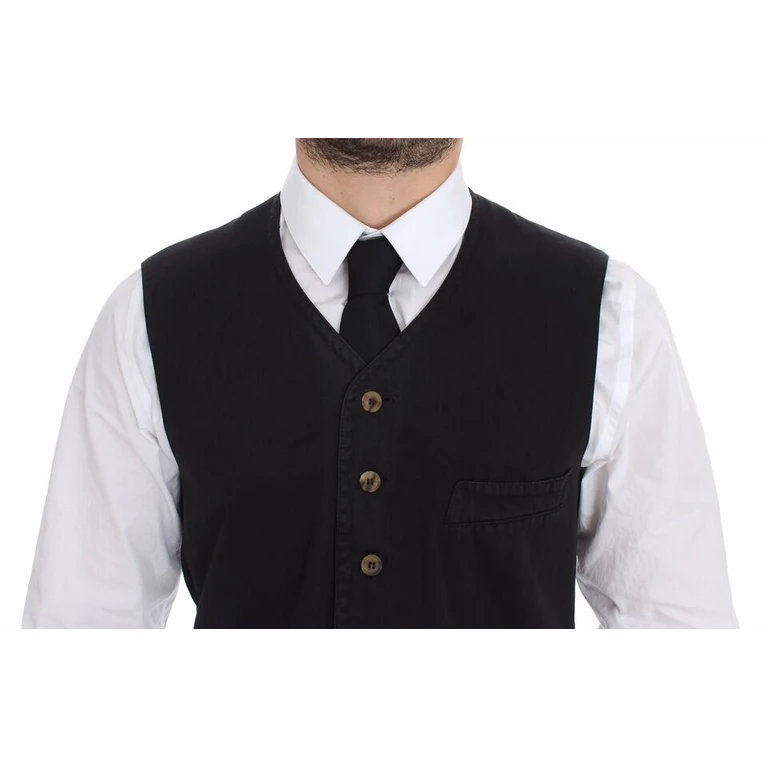 Black Cotton Viscose Dress Vest Blazer - Men