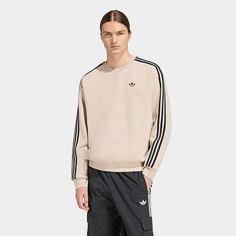 adidas Men's Originals adicolor 3-Stripes Oversized Crewneck Sweatshirt in Stone Khaki Size: XS