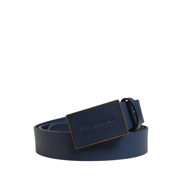 Dolce & Gabbana Men Blue Calf Leather Logo Metal Buckle Belt - Men