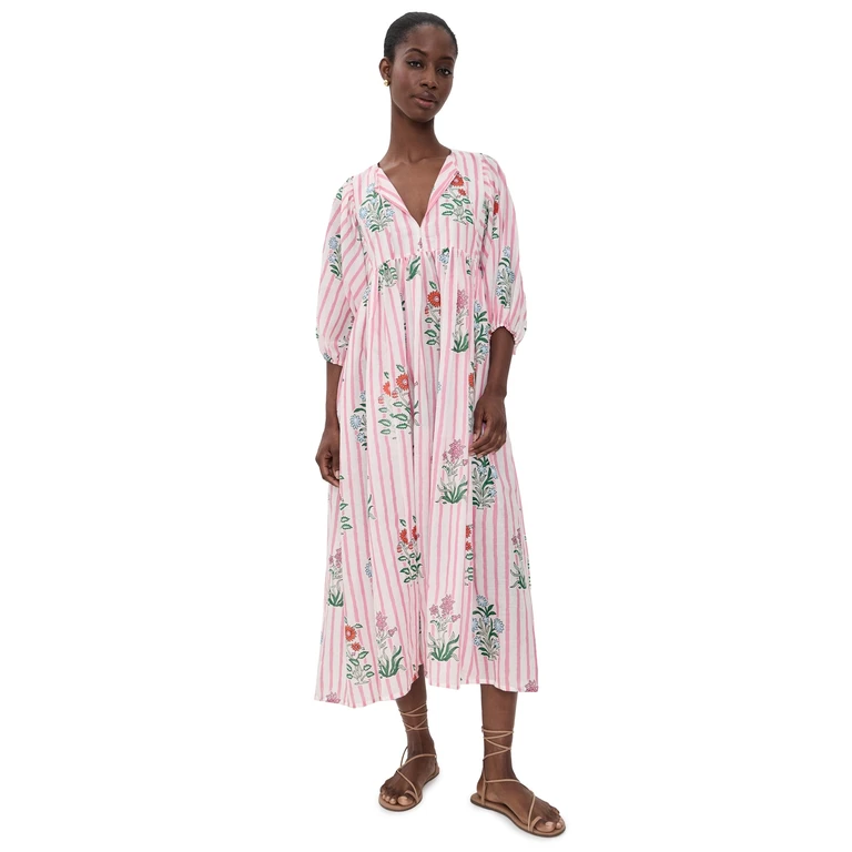 Sylvie Cotton Maxi Tunic Dress Pink Stripe Floral XL
