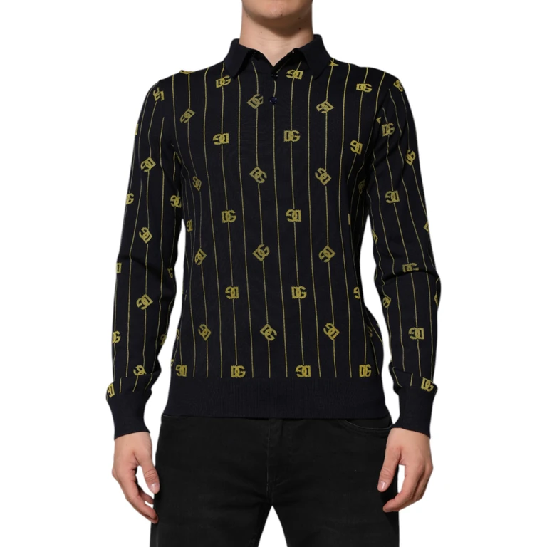 Dolce & Gabbana Black Logo Jacquard Knitted Polo Shirt T-Shirt Virgin Wool - Men