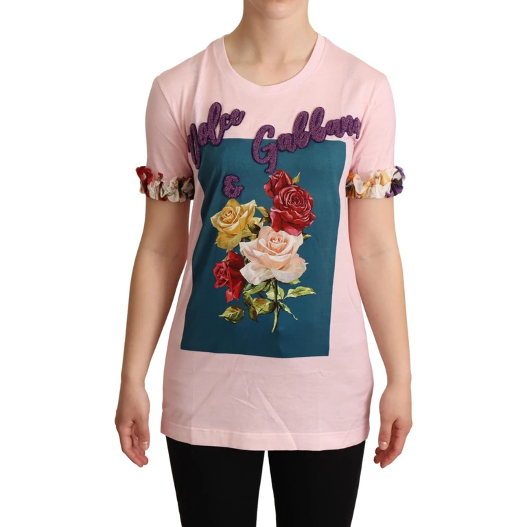 Pink Cotton Floral Roses Crewneck T-Shirt - Women