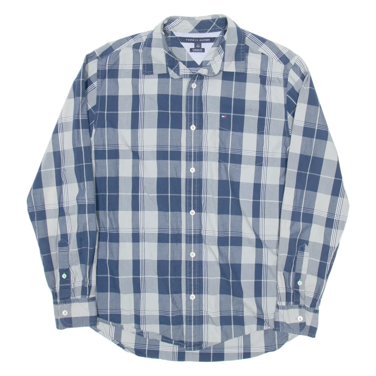 TOMMY HILFIGER Custom Fit Mens Shirt Blue Plaid Long Sleeve L