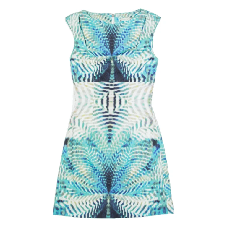 KAREN MILLEN Womens Pencil Dress Blue Crazy Pattern Sleeveless Knee Length UK 6