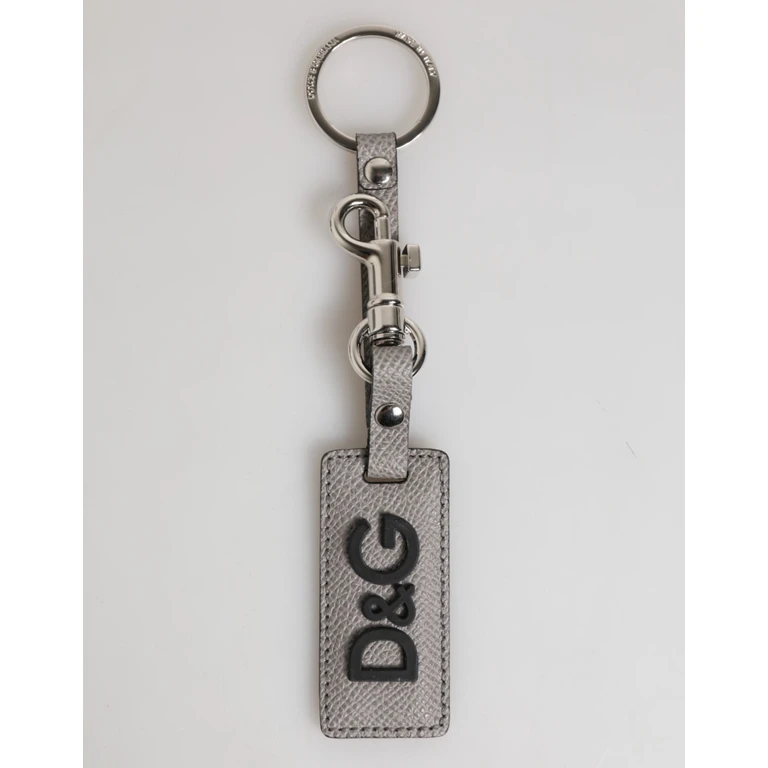 Dolce & Gabbana Gray Leather Logo Metal Ring Keychain Holder Men Keyring Calf - Men