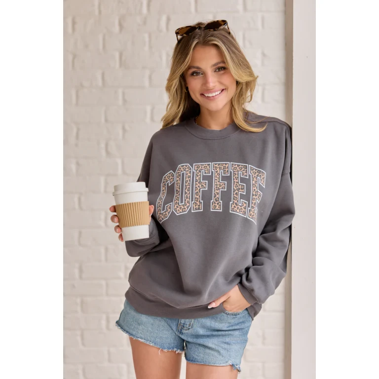 Coffee Leopard Print Dark Grey Graphic Sweatshirt