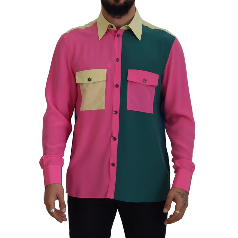 Dolce & Gabbana Multicolor Patchwork Silk Button Down Shirt - Men