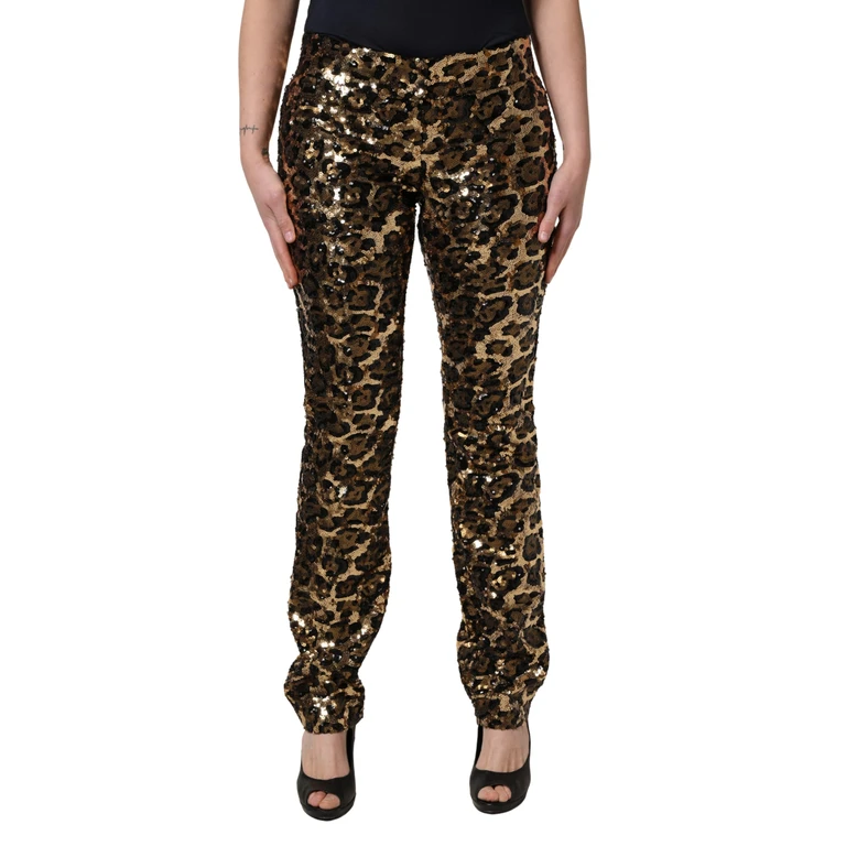 Dolce & Gabbana Gold Leopard Sequined Straight Trouser Pants Polyester Silk - Women