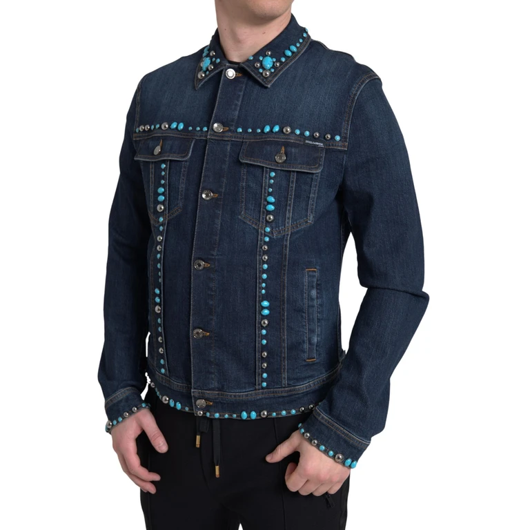 Dolce & Gabbana Blue Denim Turquoise Stones Studded Jacket Cotton Elastane Clothing - Men