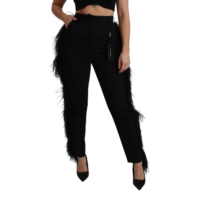 Dolce & Gabbana Black Feather Straight High Waist Wool Pants Virgin Elastane - Women