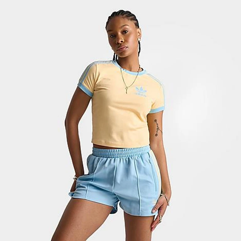 adidas Women's Originals adicolor 3-Stripes Baby T-Shirt in Orange Tint/Icey Blue Size: XS