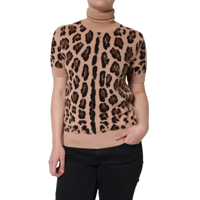 Beige Leopard Print Wool Turtleneck Top Virgin - Women