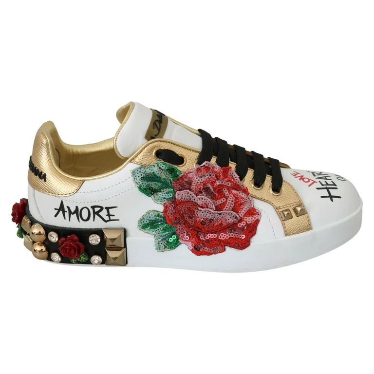 Dolce & Gabbana White Roses Sequined Crystal Womens Sneakers Shoes Leather - Women