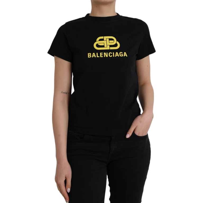 Balenciaga Black Cotton Logo Print Crew Neck Short Sleeves T-Shirt - Women