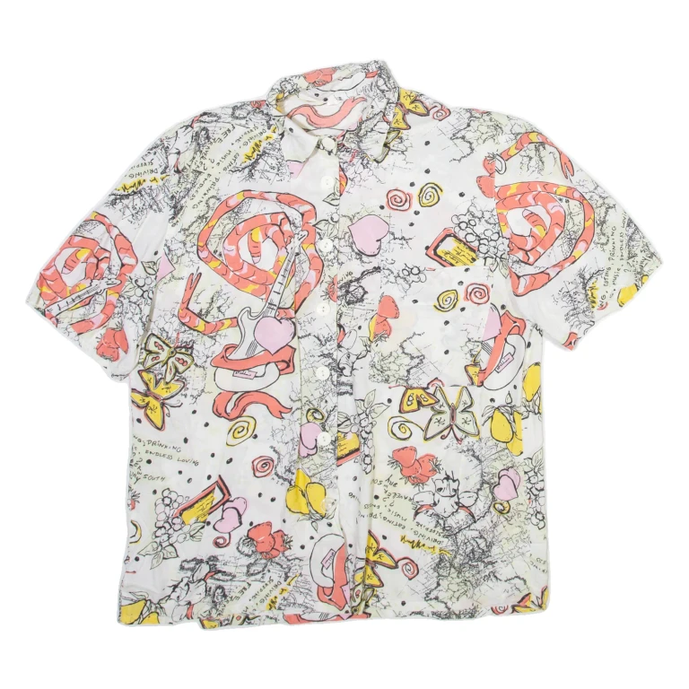 Womens Printed Shirt White Collared Crazy Pattern M
