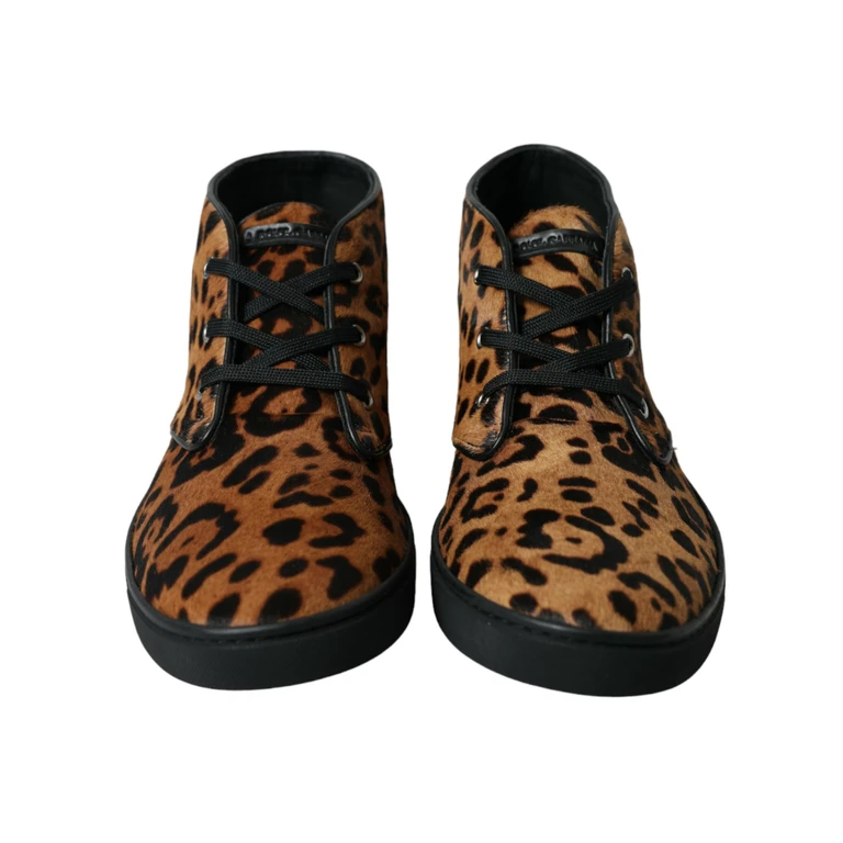 Dolce & Gabbana Brown Leopard Pony Hair Leather Sneakers Shoes - Men