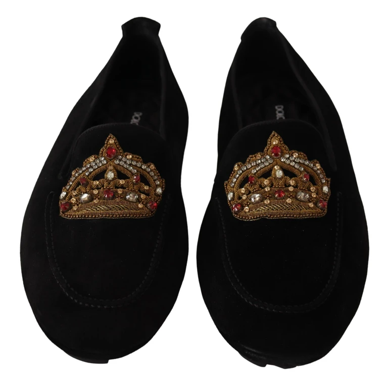 Dolce & Gabbana Black Leather Crystal Gold Crown Loafers Shoes - Men