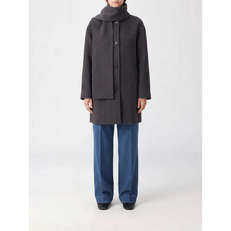 Single-Breasted Knee-Length Coat in Pure Virgin Wool with Scarf Collar (2629086051600061)
