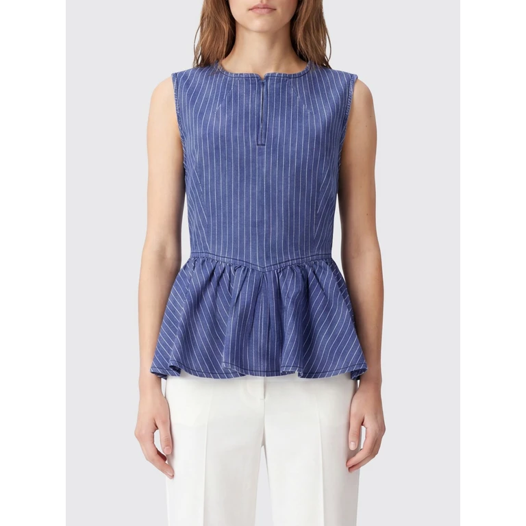 Sleeveless Pinstriped Cotton Top with Ruffled Hem (24846C7575)