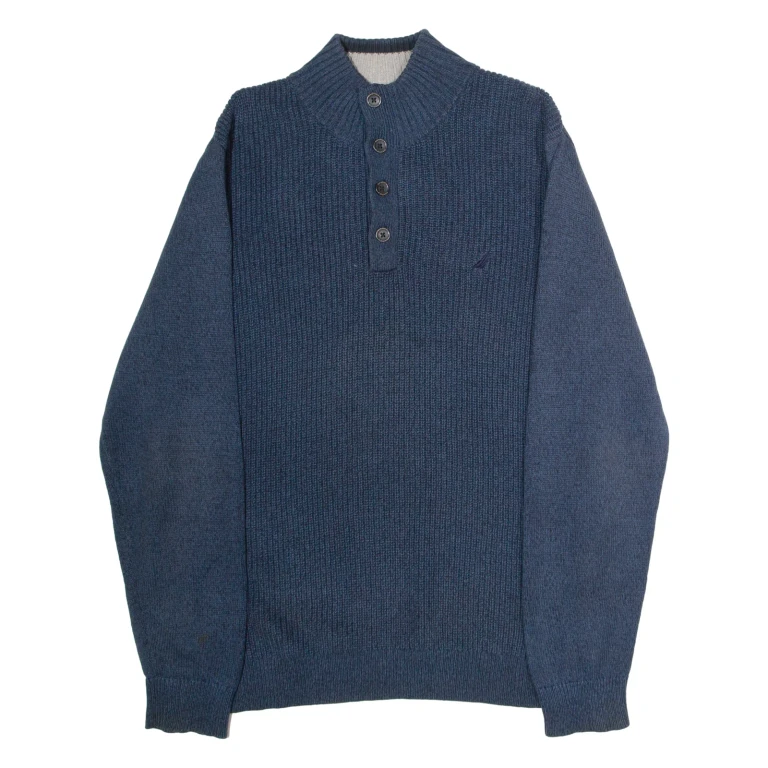 NAUTICA Mens Jumper Blue Button Neck Chunky Knit L