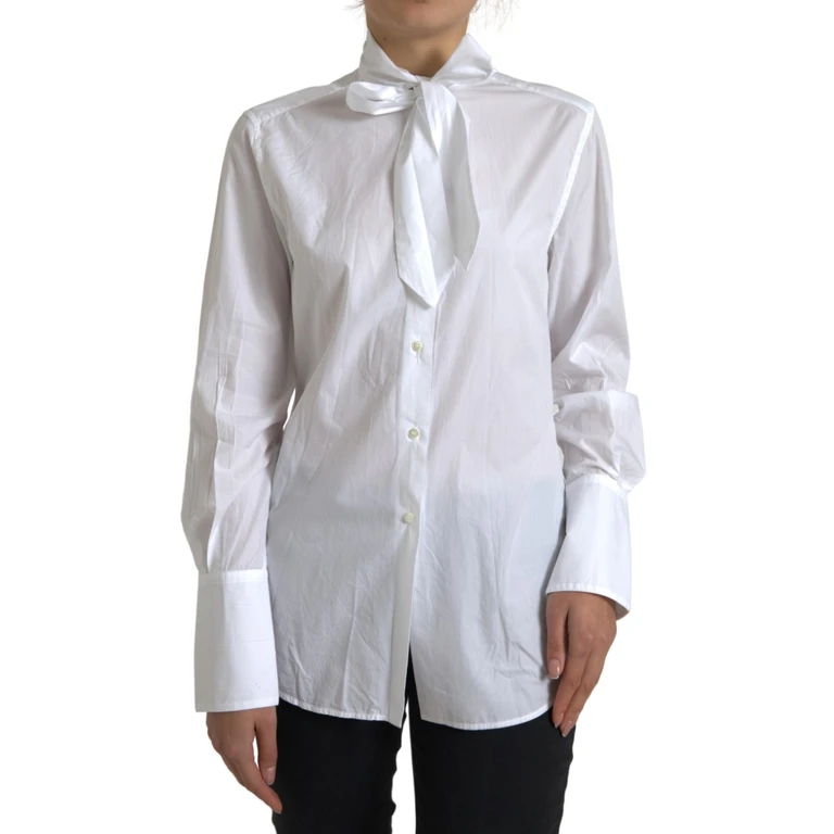 Dolce & Gabbana White Cotton Ascot Collar Long Sleeves Top - Women