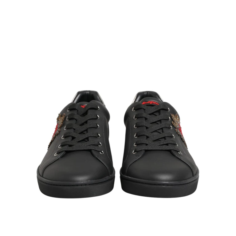 Dolce & Gabbana Black Leather Heart Embellished Sneakers Shoes 100lf - Men