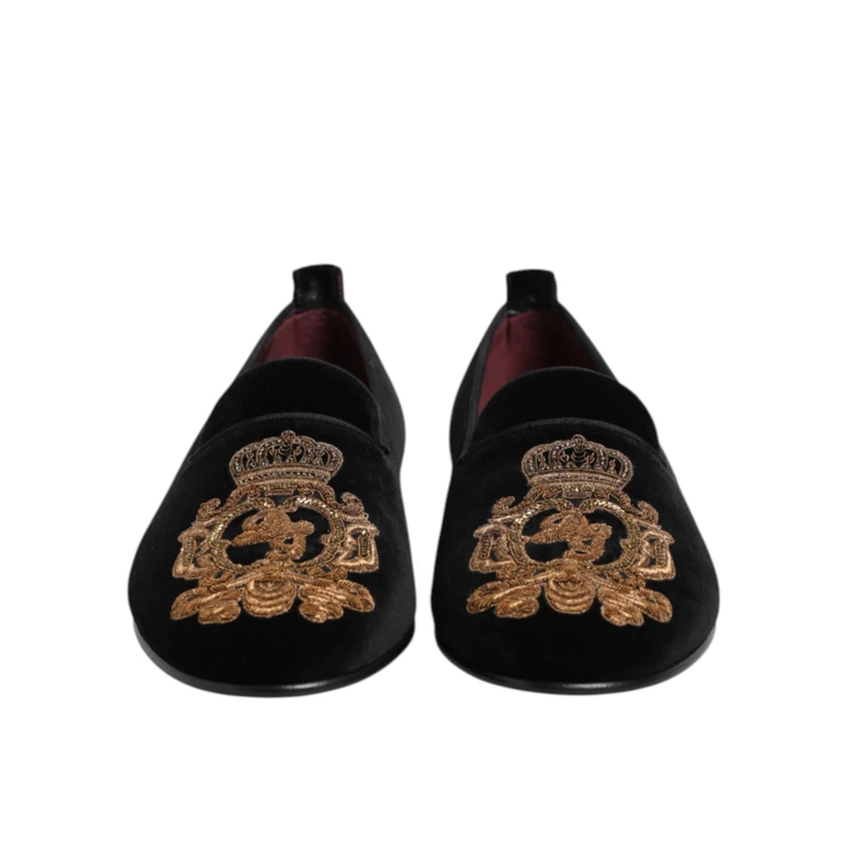 Dolce & Gabbana Black Velvet Gold Crown Mens Loafers Shoes - Men