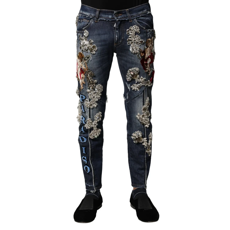 Blue Cotton Rhinestone Embellish Denim Jeans Elastane Clothing - Men