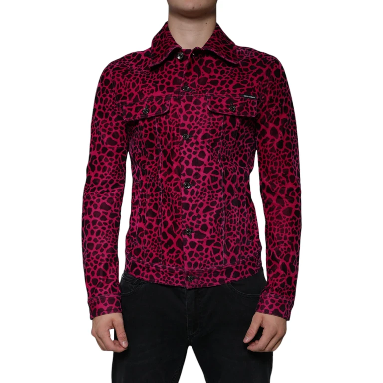 Fuchsia Leopard Button Down Collared Jacket Cotton Elastane Clothing - Men